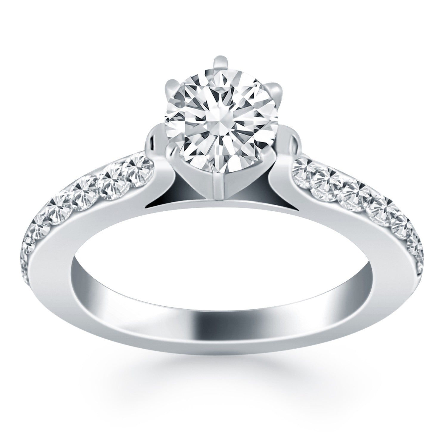 14k White Gold Curved Shank Engagement Ring with Pave Diamonds