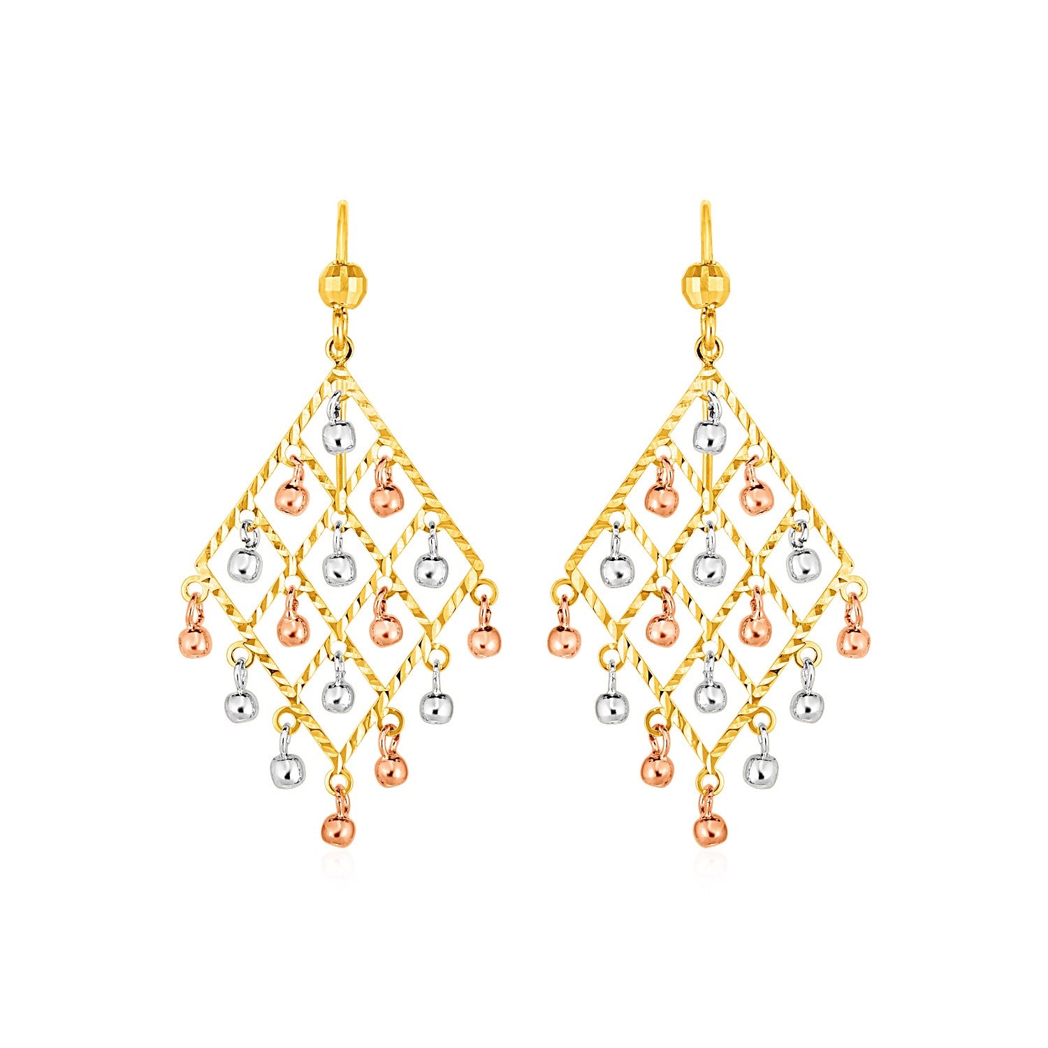 Textured Chandelier Earrings with Ball Drops in 14k Tri Color Gold