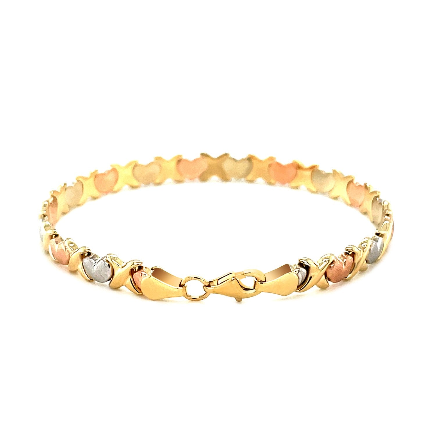 14k Tri-Color Gold Fancy Satin Heart Line Bracelet (6.35 mm)