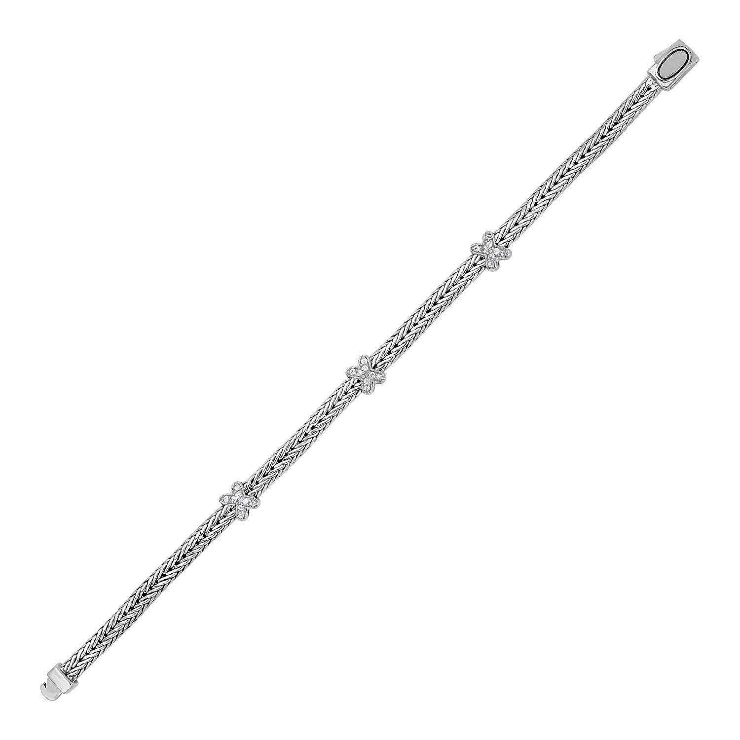 Woven Rope Bracelet with White Sapphire Accented Clasp in Sterling Silver