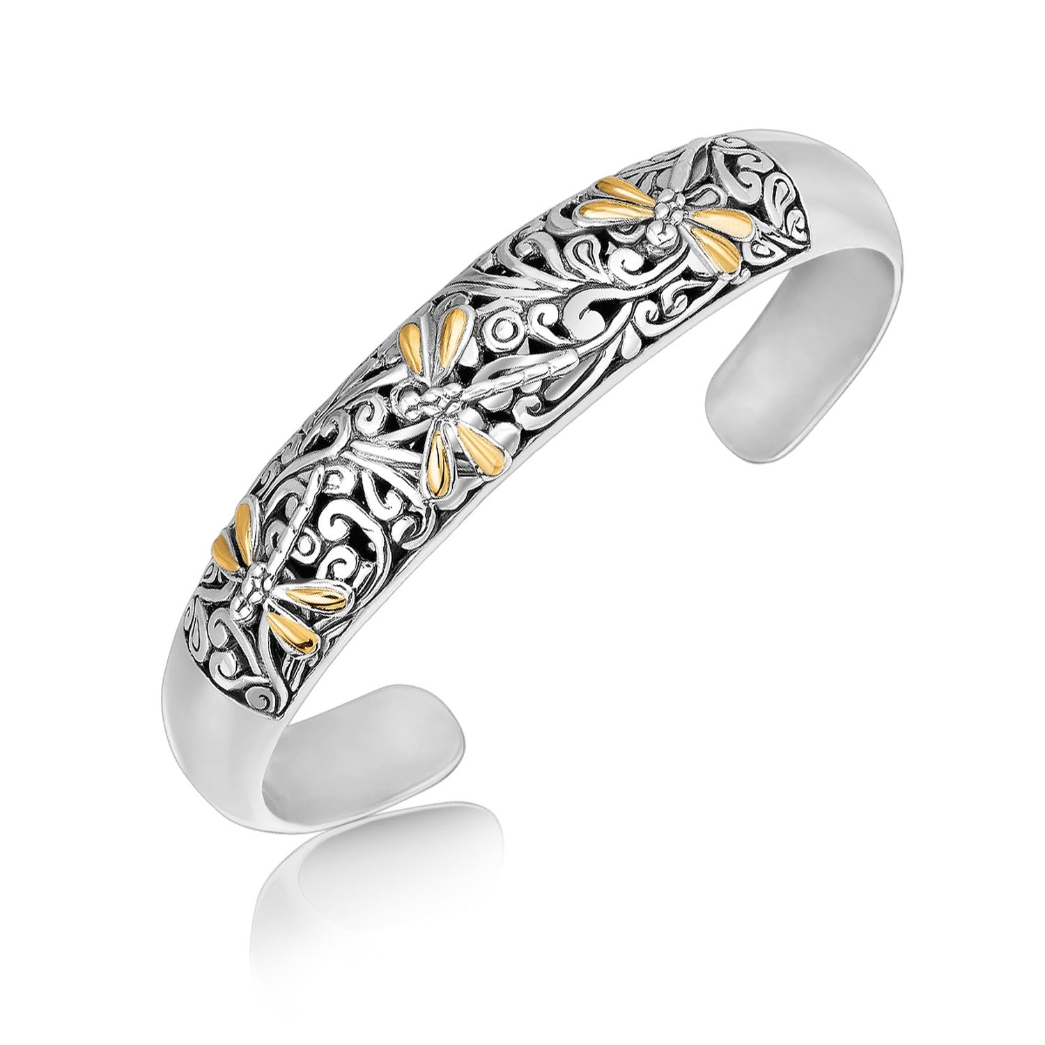 18k Yellow Gold and Sterling Silver Cuff with Dragonfly and Flourishes(12.70 mm)