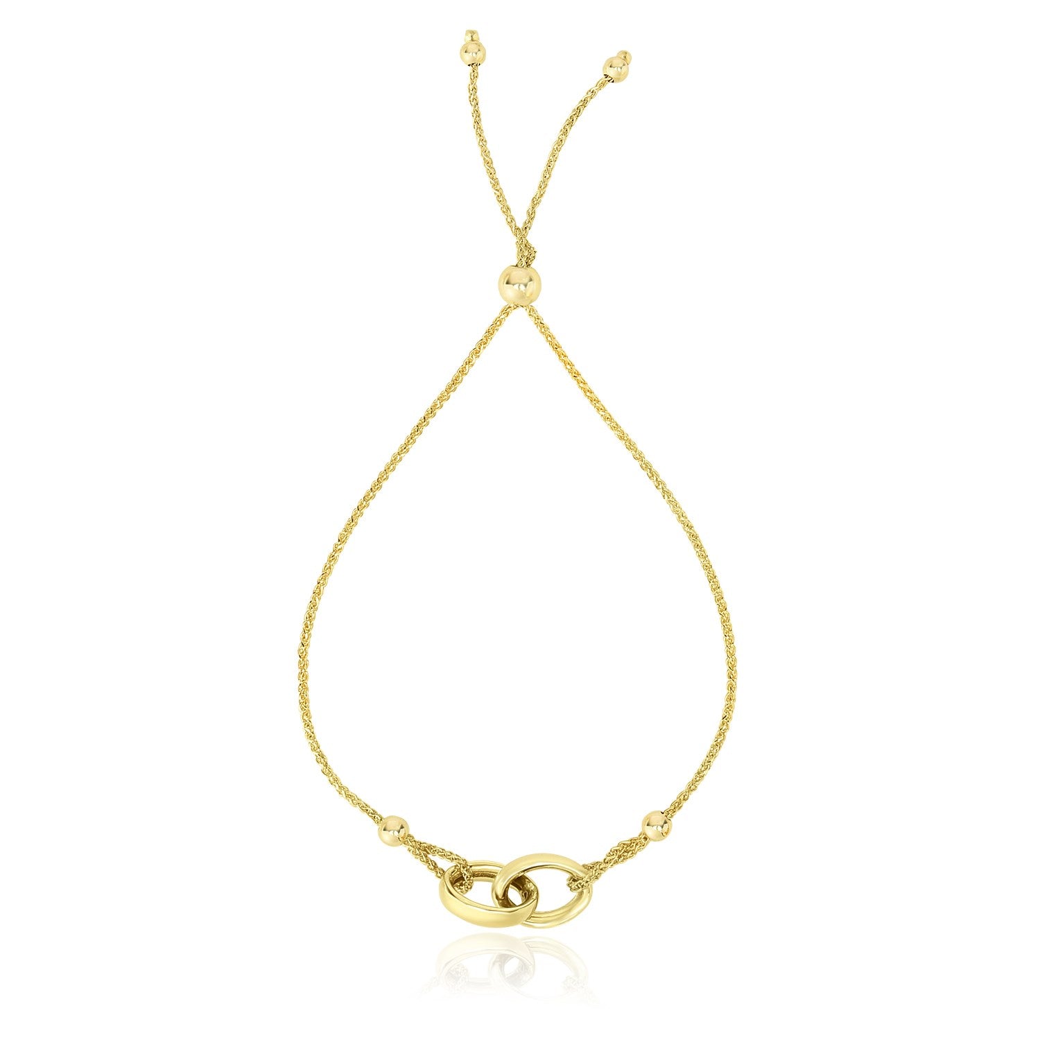 14k Yellow Gold Entwined Rings Adjustable Lariat Style Bracelet