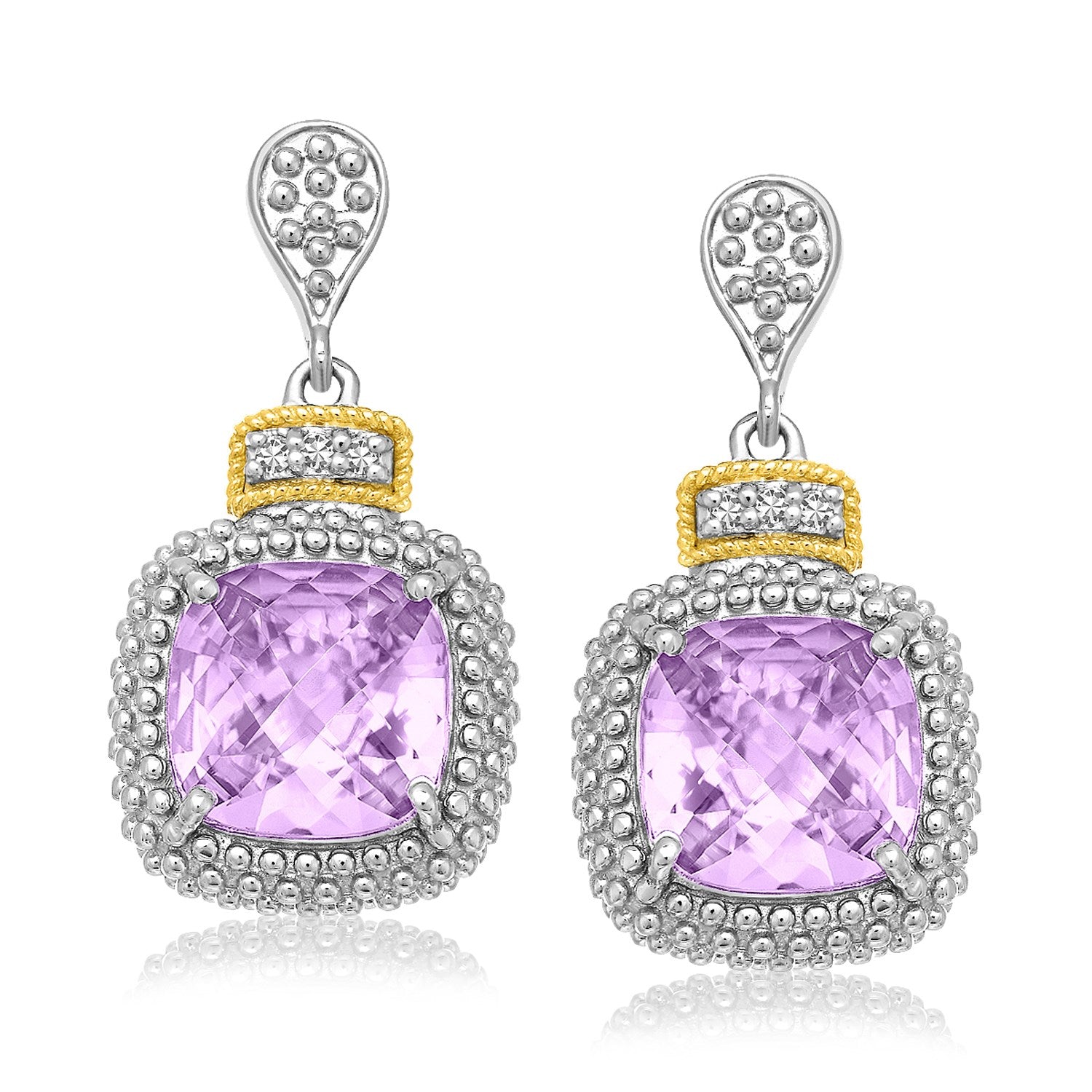 18k Yellow Gold & Sterling Silver Cushion Amethyst & Diamond Earrings (.05cttw)