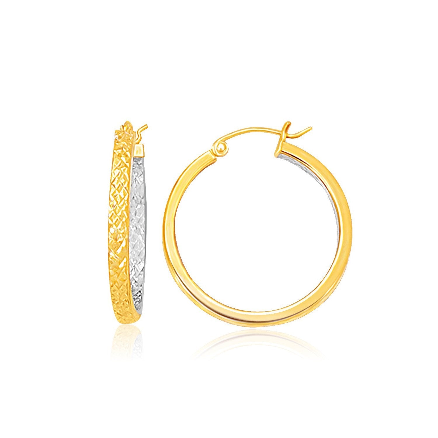 Two-Tone Yellow and White Gold Petite Patterned Hoop Earrings (3x25mm)