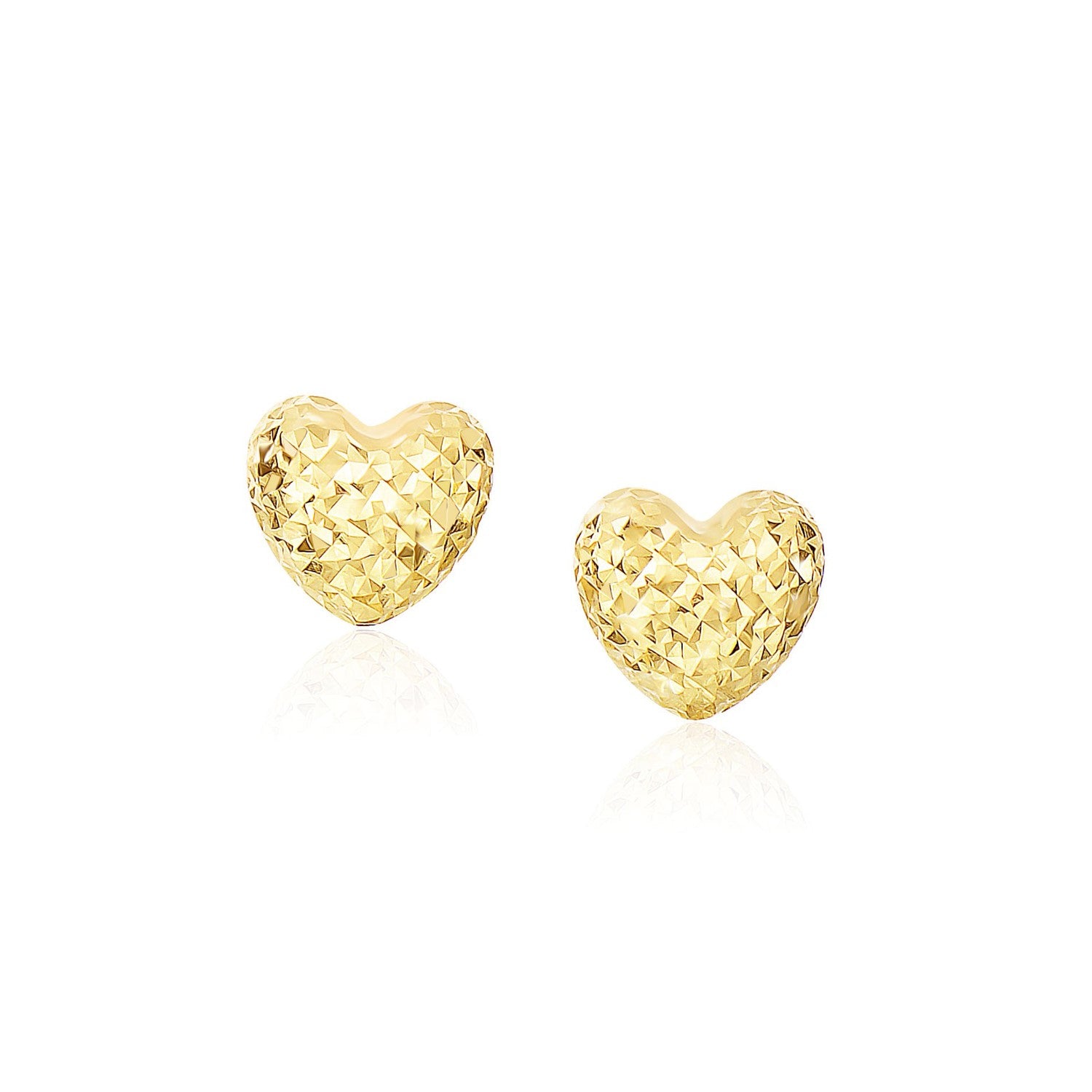 14k Yellow Gold Puffed Heart Earrings with Diamond Cuts(8mm)