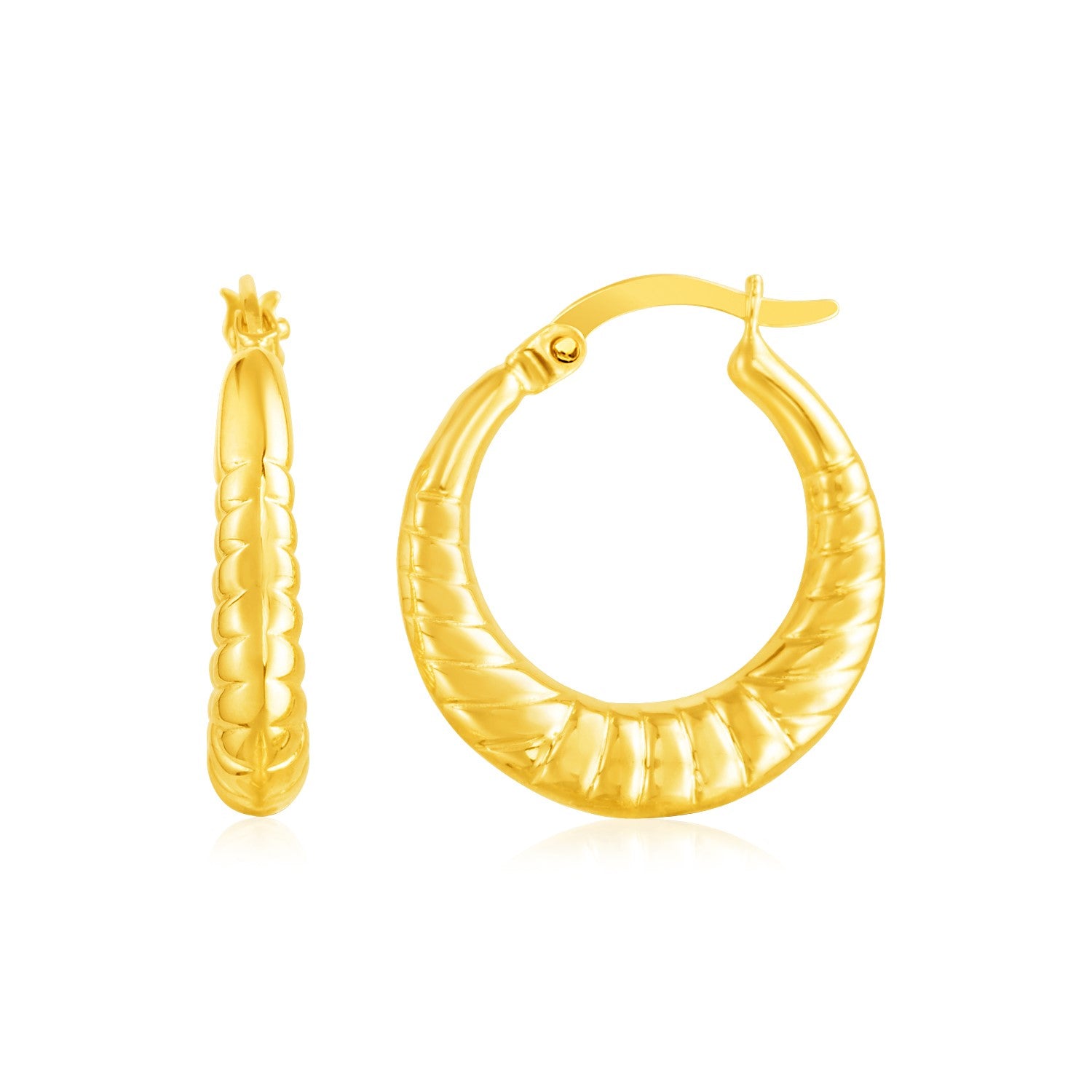 14k Yellow Gold Puffed and Scalloped Hoop Earrings