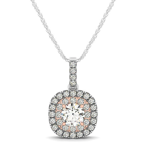 14k White And Rose Gold Cushion Shape Halo Diamond Pendant (1/2 cttw)