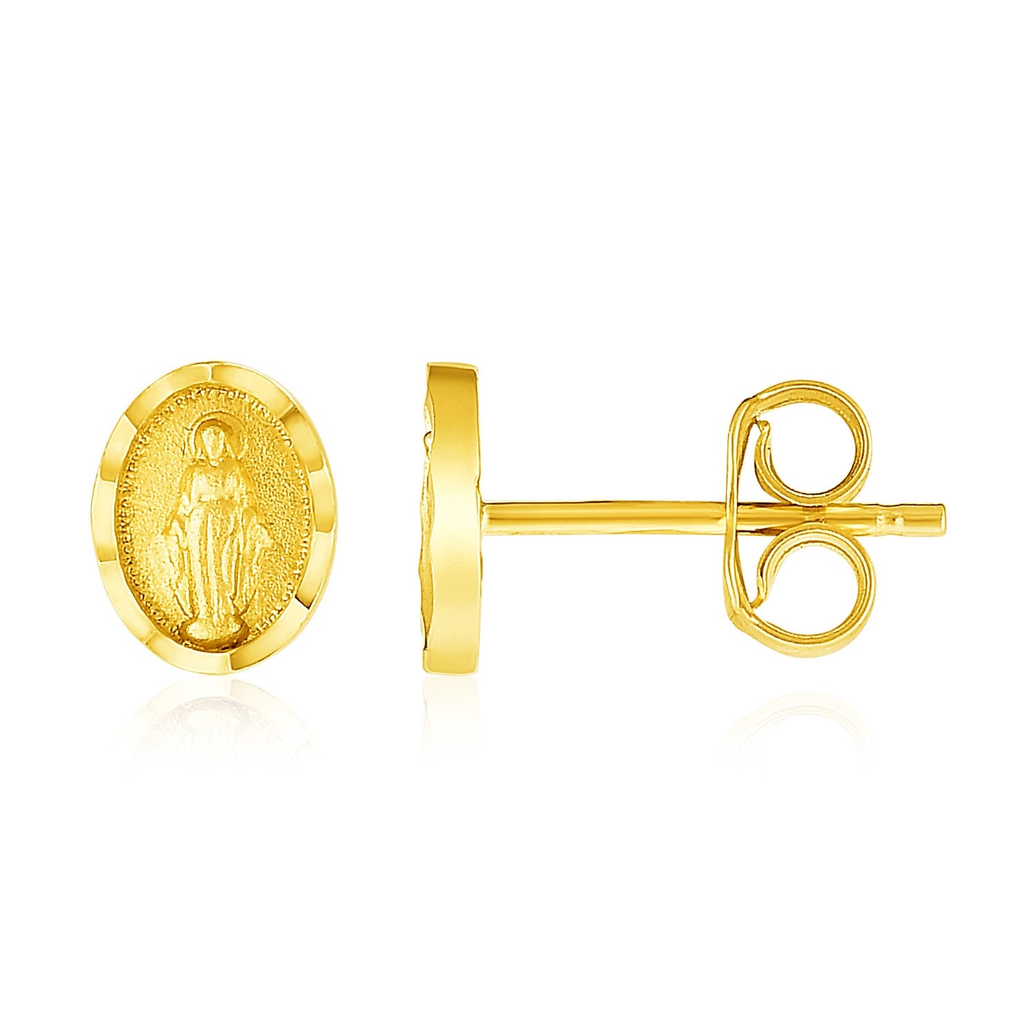 14k Yellow Gold Oval Religious Medallion Post Earrings