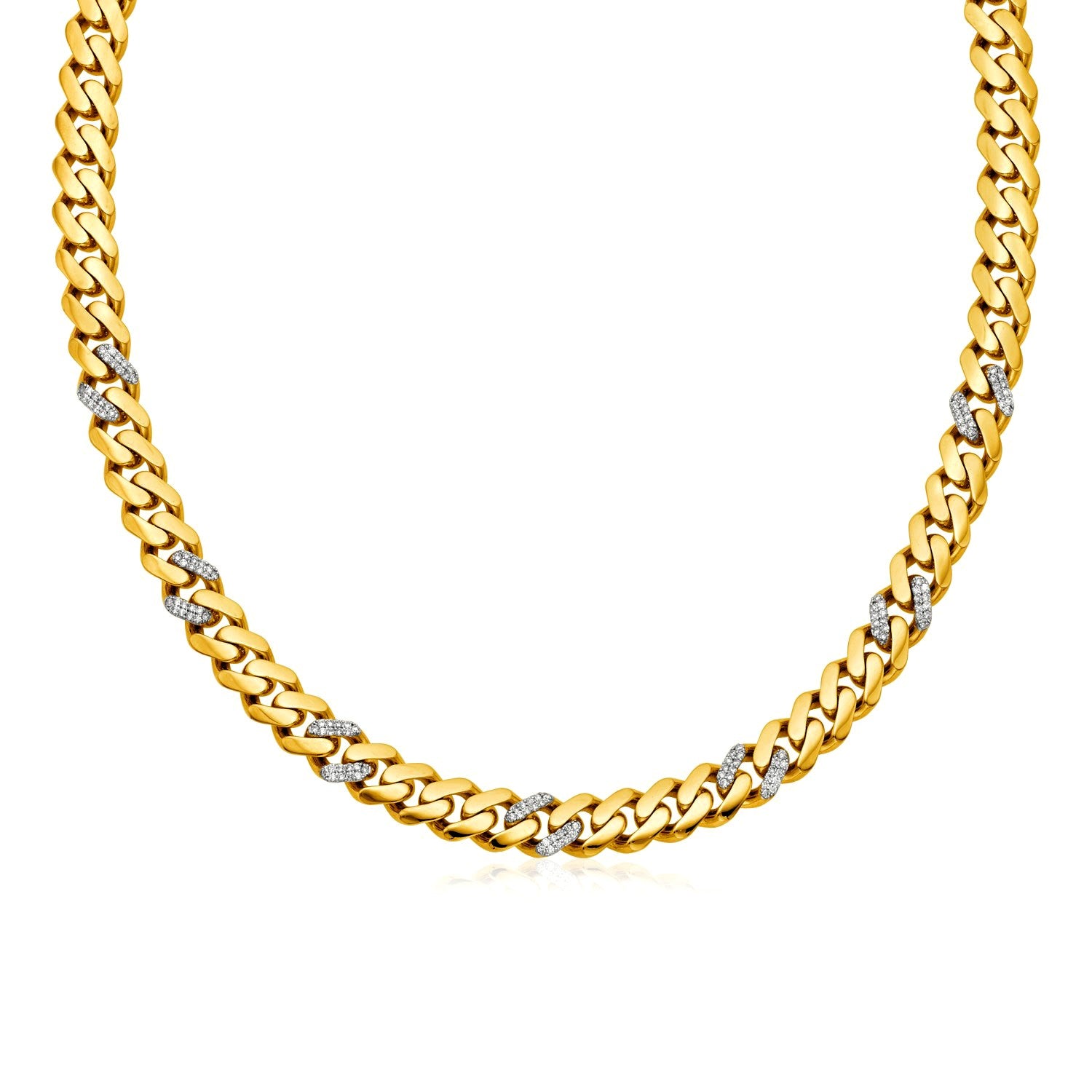 14k Yellow Gold 18 inch Polished Curb Chain Necklace with Diamonds